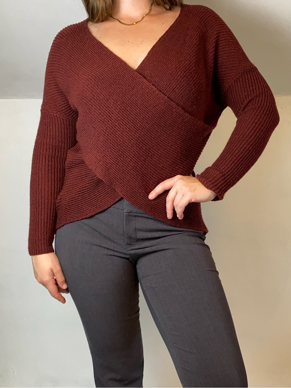 Astr Burgundy Wrap V-Neck Sweater